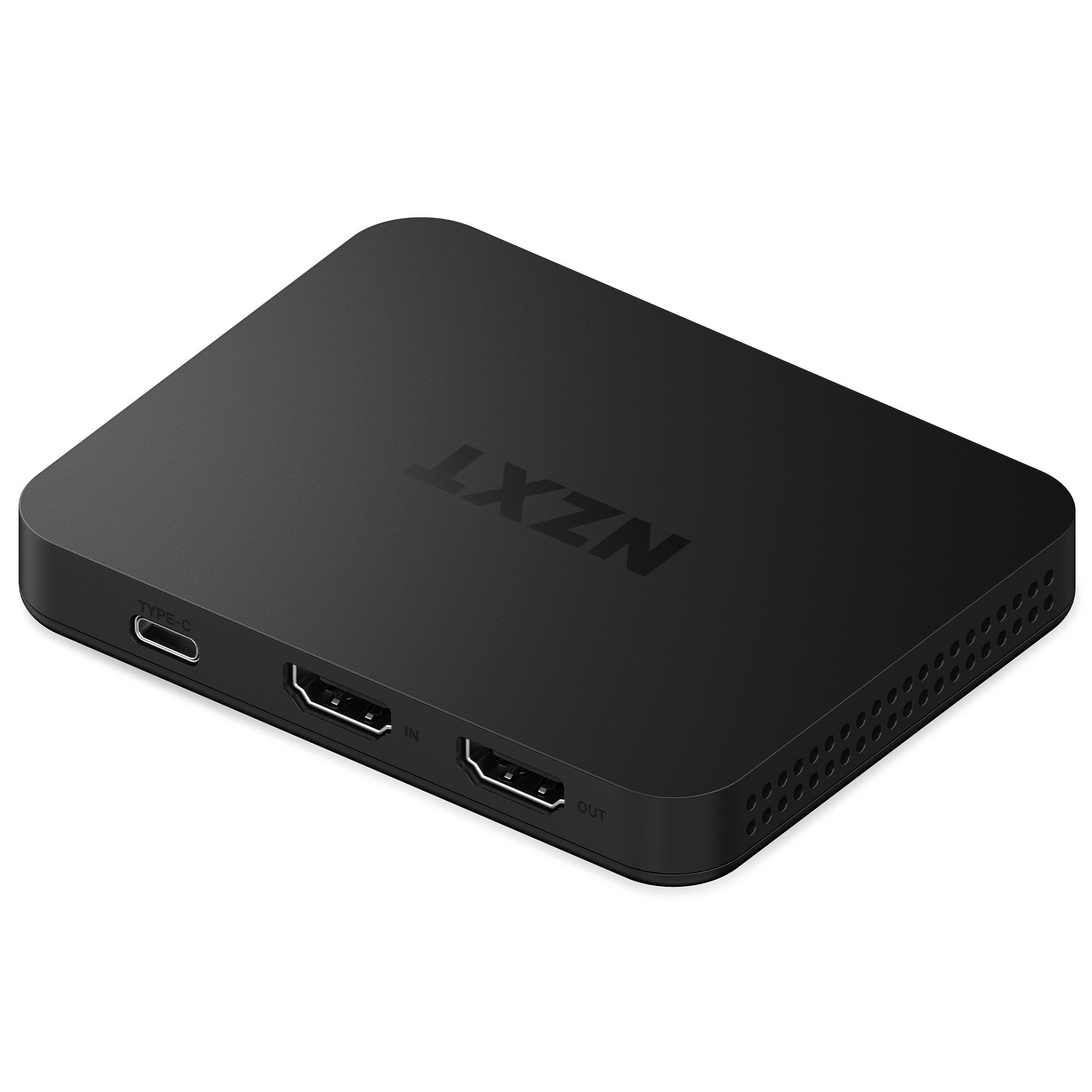 The NZXT Signal HD60 is a black, rectangular capture card with rounded edges, a USB-C port, and two HDMI ports labeled In and Out for 4K60 recording. The NZXT logo appears on the top.