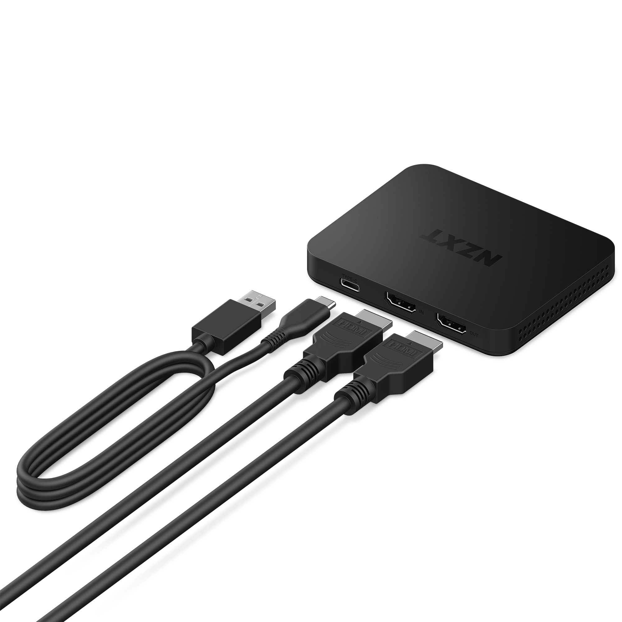 The NZXT Signal HD60 is a black capture card with three cables—USB, HDMI, and another port—connected to its rectangular unit, which has two visible HDMI ports, side ventilation, and supports zero-lag 4K60 passthrough recording.