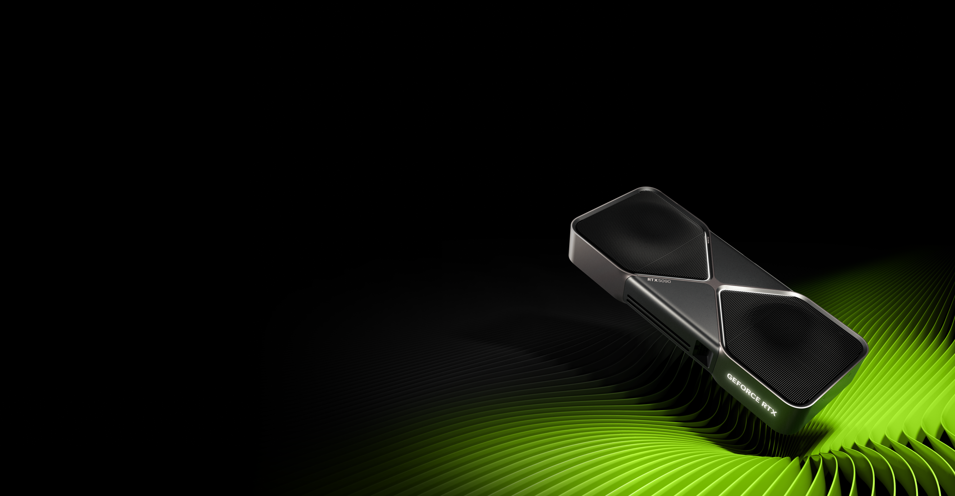A sleek, black NVIDIA graphics card rests on a wavy green surface with a dark background, highlighting the products modern design and logo.