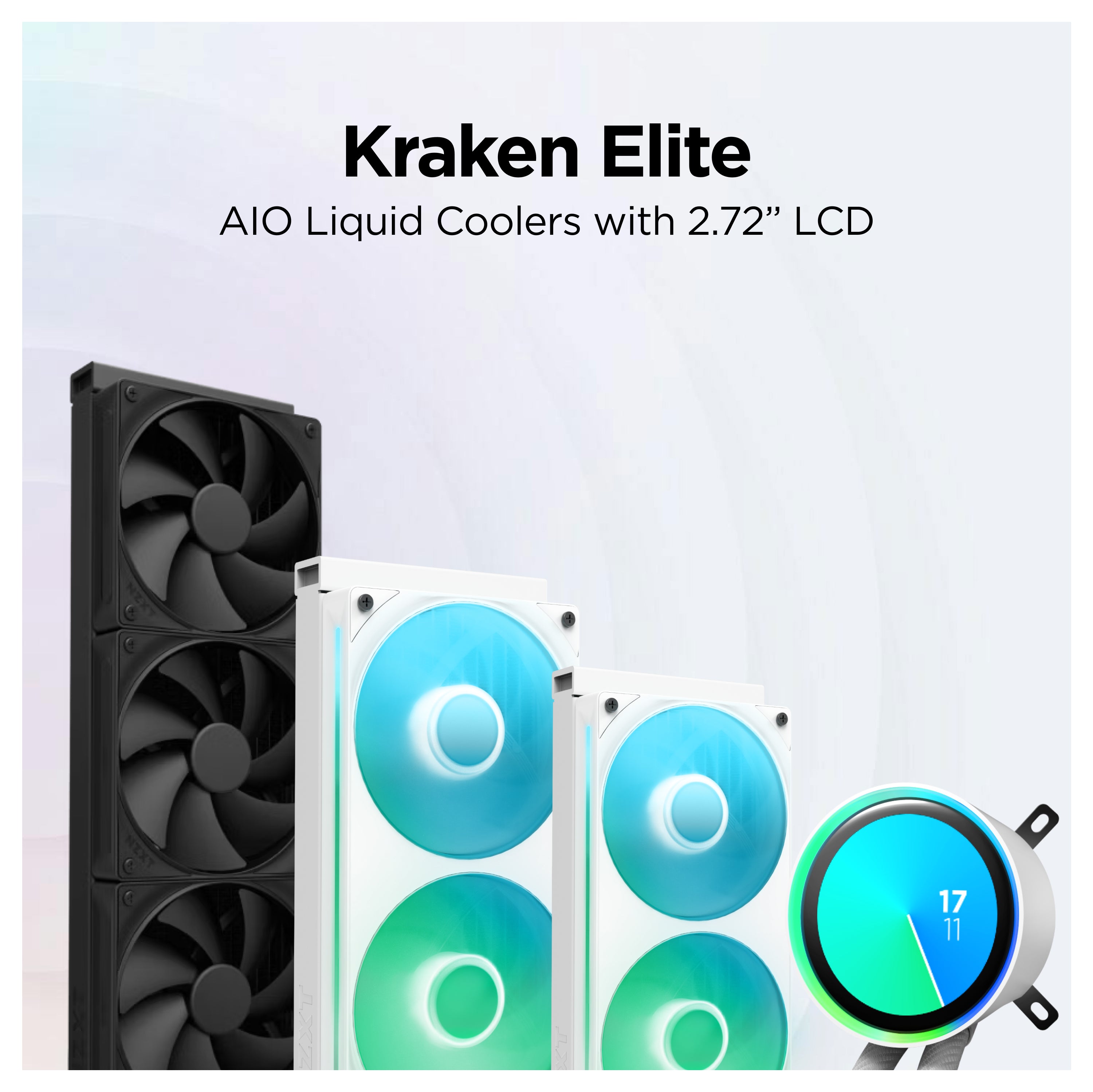 Three Kraken Elite AIO liquid coolers with 2.72-inch LCD screens are displayed, featuring sleek white and black designs with colorful fan lights and a close-up of the LCD screen showing a clock. Text above describes the product.