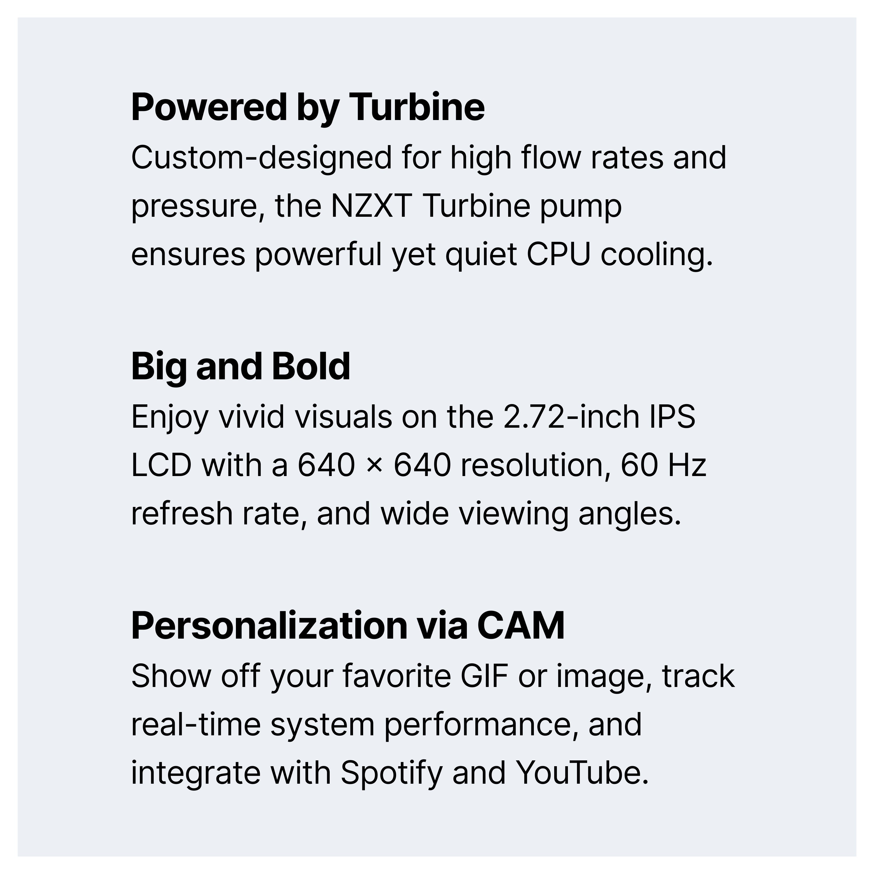 A product description highlights features: high-flow, quiet NZXT Turbine CPU cooling; a 2.72-inch IPS LCD with 640x640 resolution and 60 Hz refresh rate; and CAM software for customization and system monitoring.