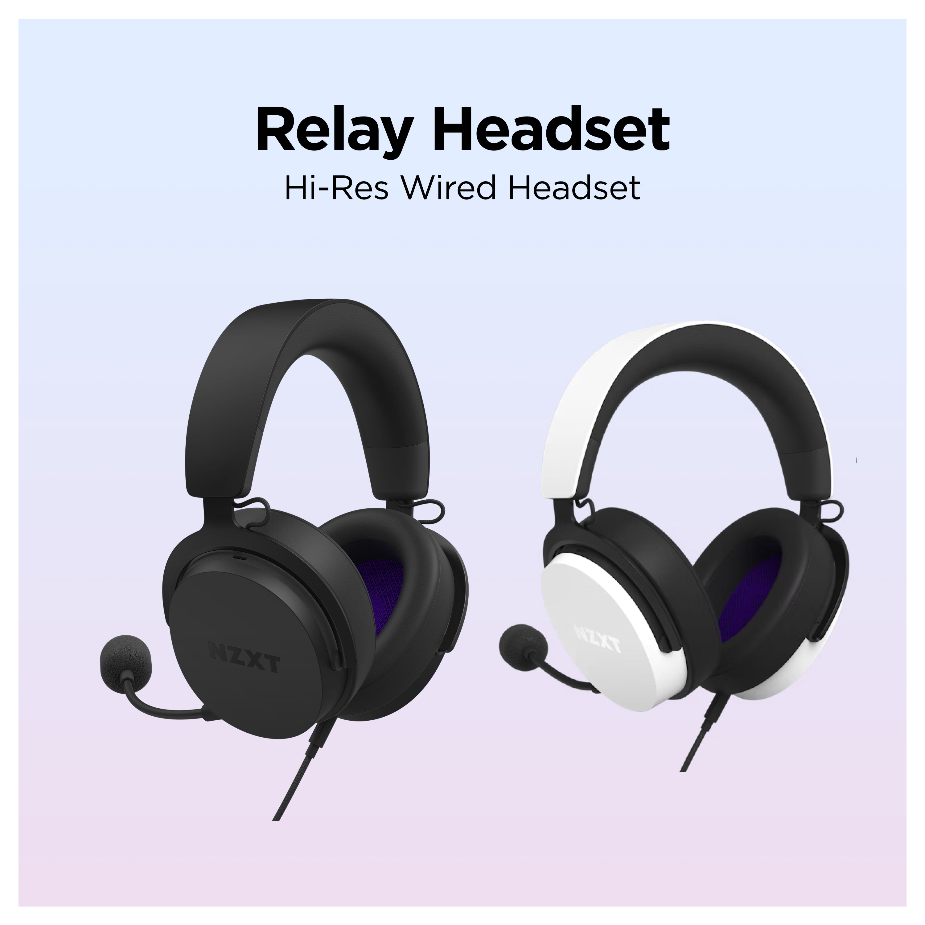 Two NZXT Relay Hi-Res Wired Headsets, one black and one white, each with a detachable microphone, displayed side by side on a gradient background with the text “Relay Headset Hi-Res Wired Headset” above.