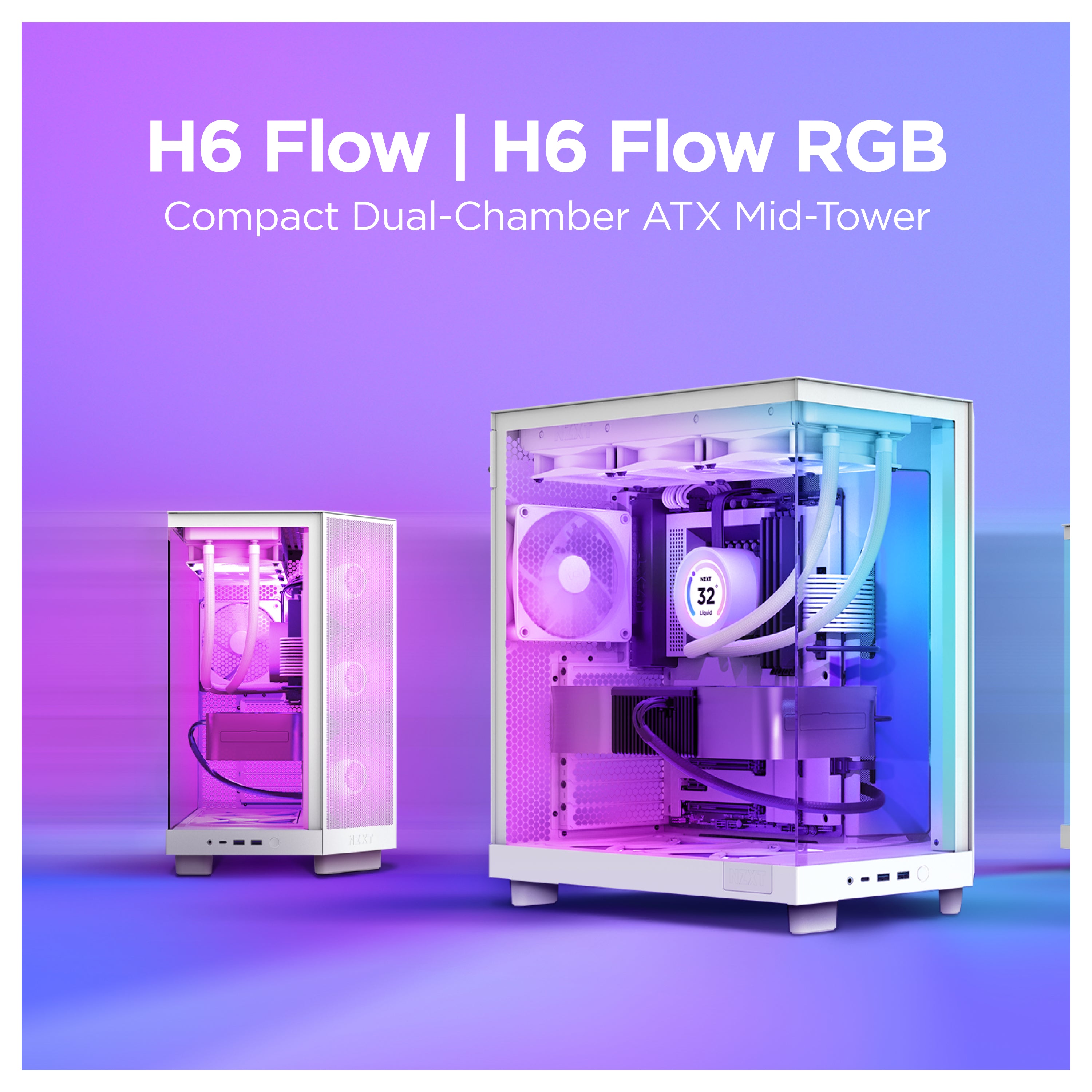 Two white compact ATX mid-tower PC cases, illuminated with pink, purple, and blue RGB lighting, are displayed against a gradient purple and blue background. Text reads: “H6 Flow | H6 Flow RGB. Compact Dual-Chamber ATX Mid-Tower.”.
