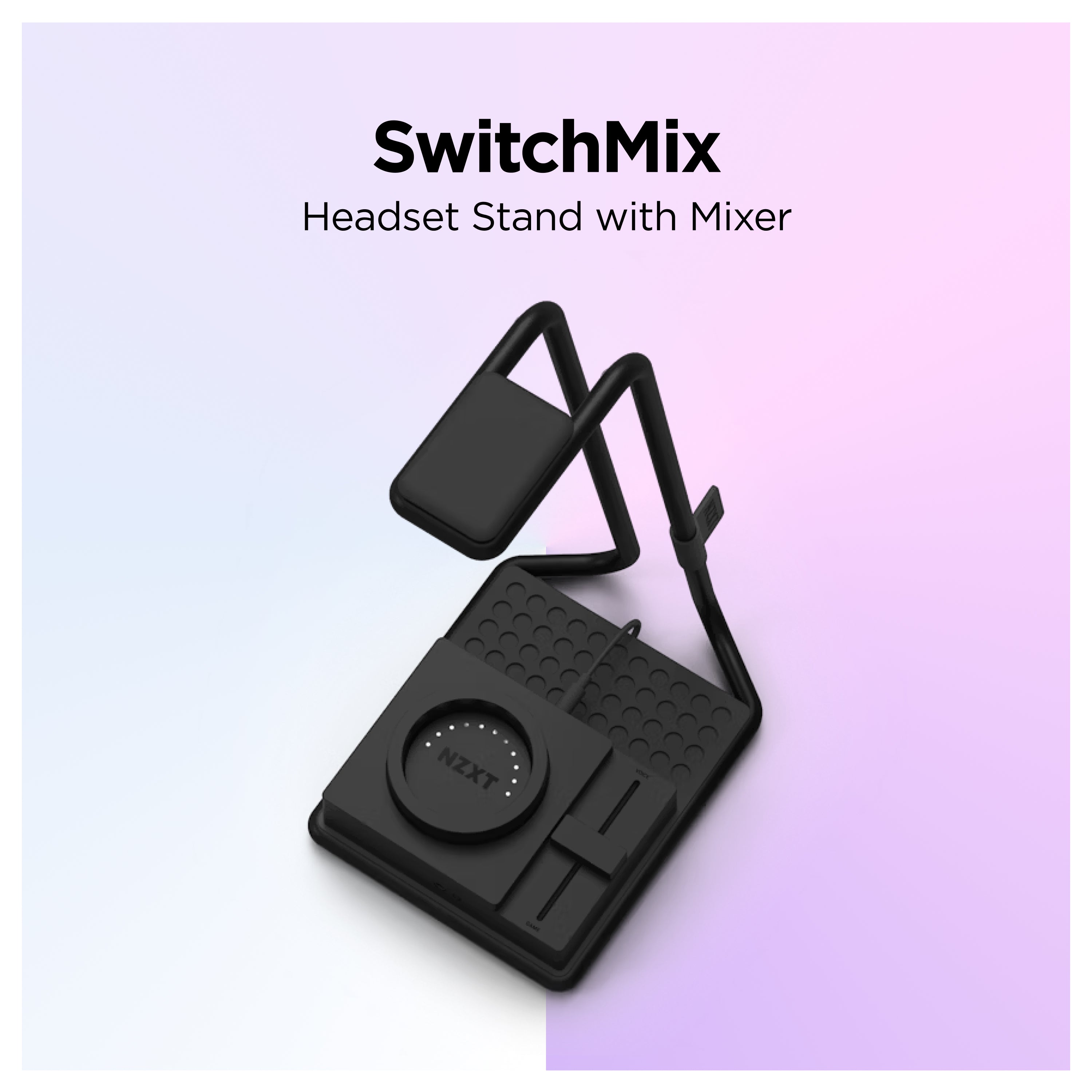 A black headset stand with a mixer labeled NZXT is displayed on a soft gradient background. Text above reads: SwitchMix - Headset Stand with Mixer.