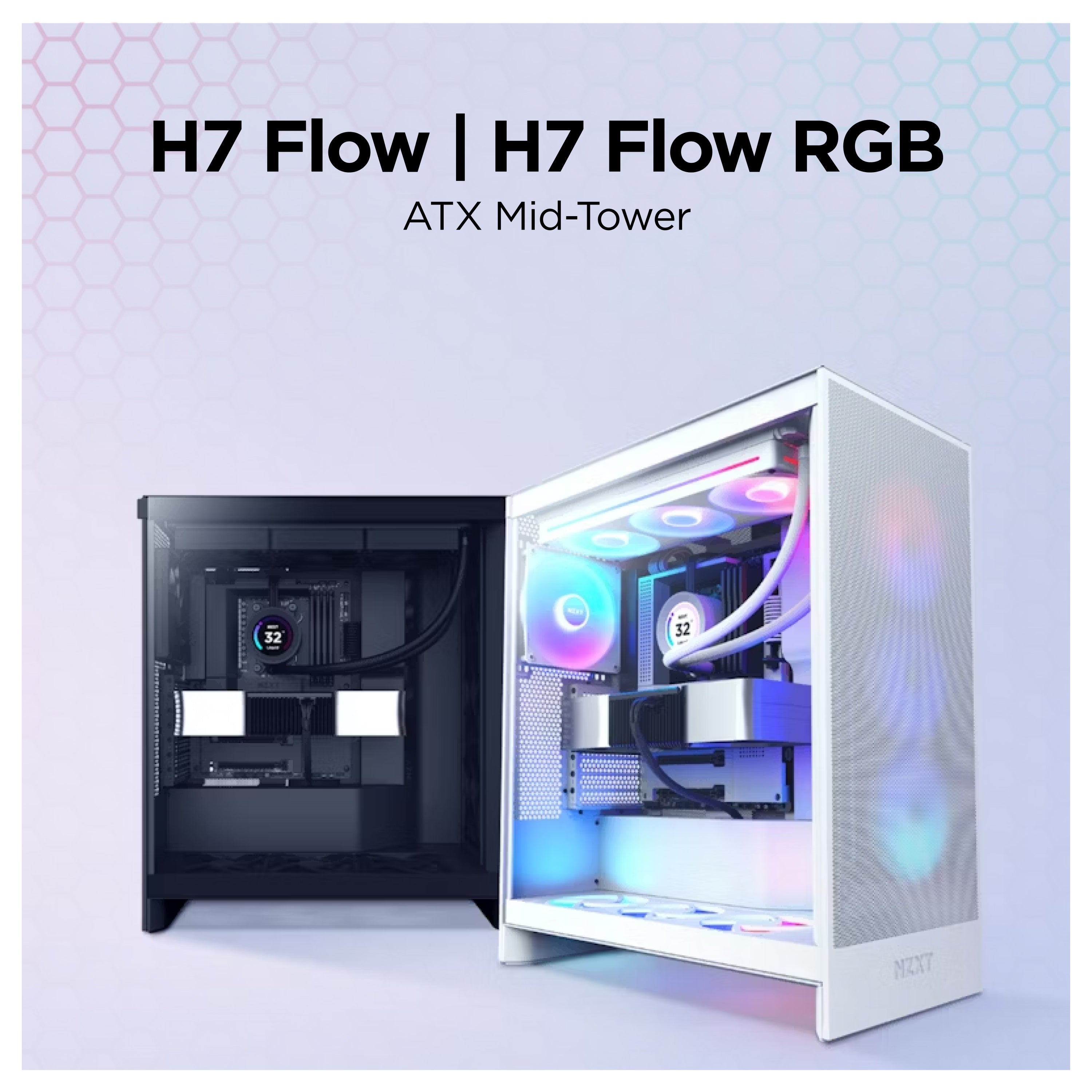 Two ATX mid-tower PC cases, one black and one white with RGB lighting, are displayed side by side on a light background with hexagonal pattern. Text above reads H7 Flow | H7 Flow RGB ATX Mid-Tower.