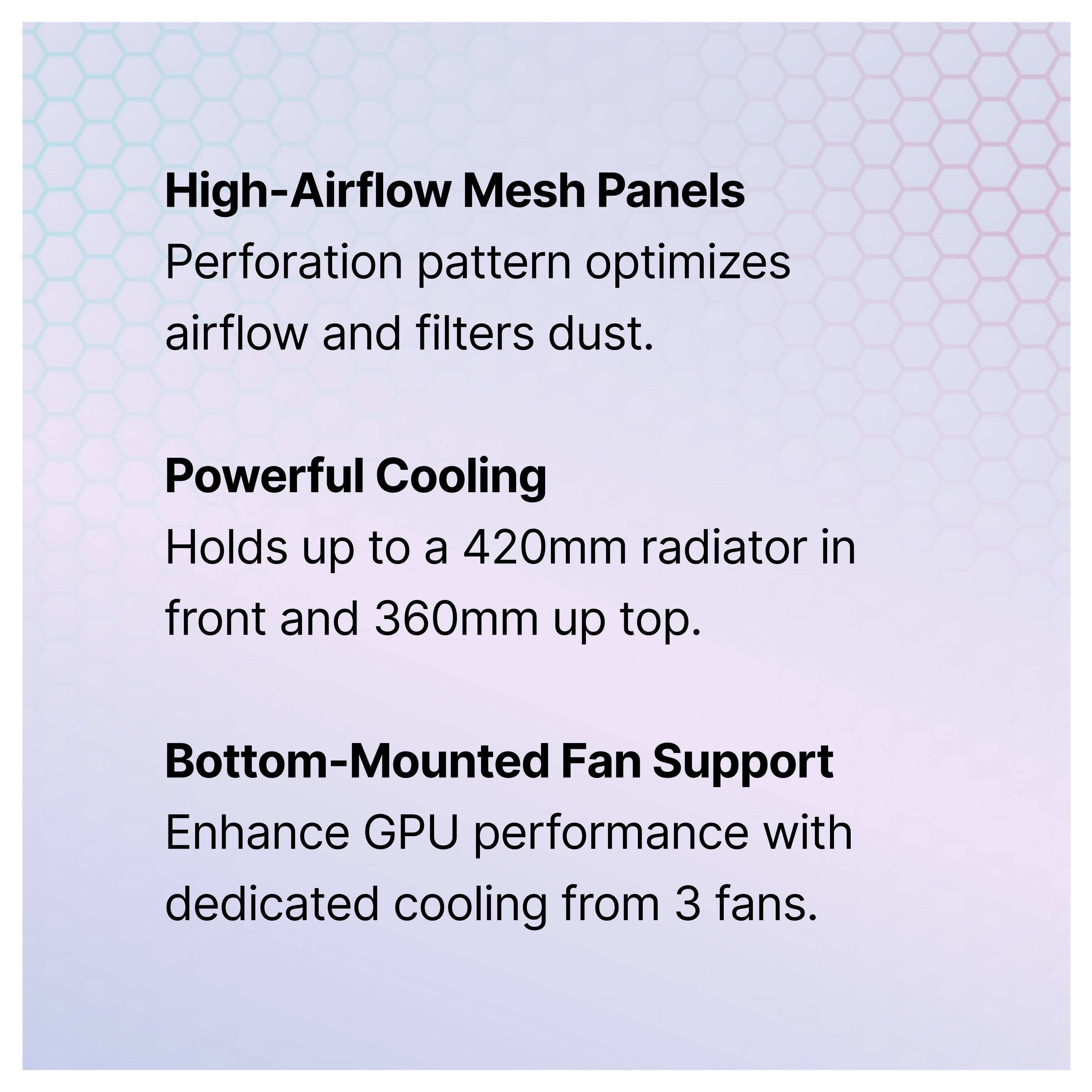 Information graphic showing PC case features: high-airflow mesh panels for dust filtration, powerful cooling for large radiators, and bottom-mounted fan support for GPU cooling with three fans.