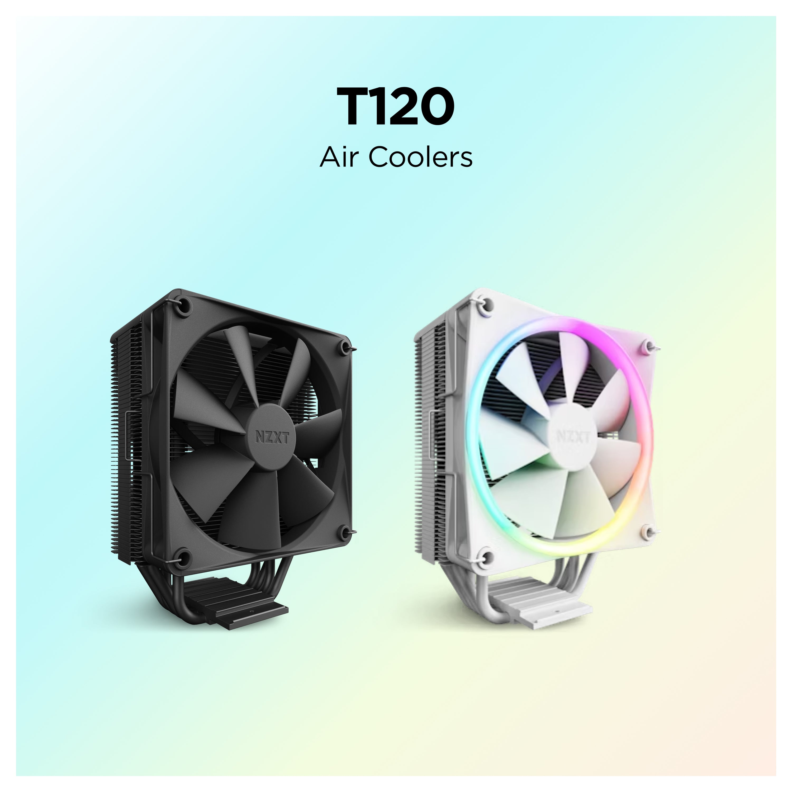 Two NZXT T120 air coolers are displayed side by side; one is black, and the other is white with RGB lighting. The background is a soft gradient, and T120 Air Coolers is written above the coolers.