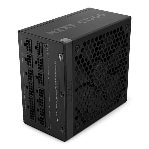 The NZXT C1200 Gold ATX 3.1 power supply, in black with modular ports and a honeycomb vent design, is shown at an angle—ideal for supporting new NVIDIA GeForce RTX 50 Series GPUs.