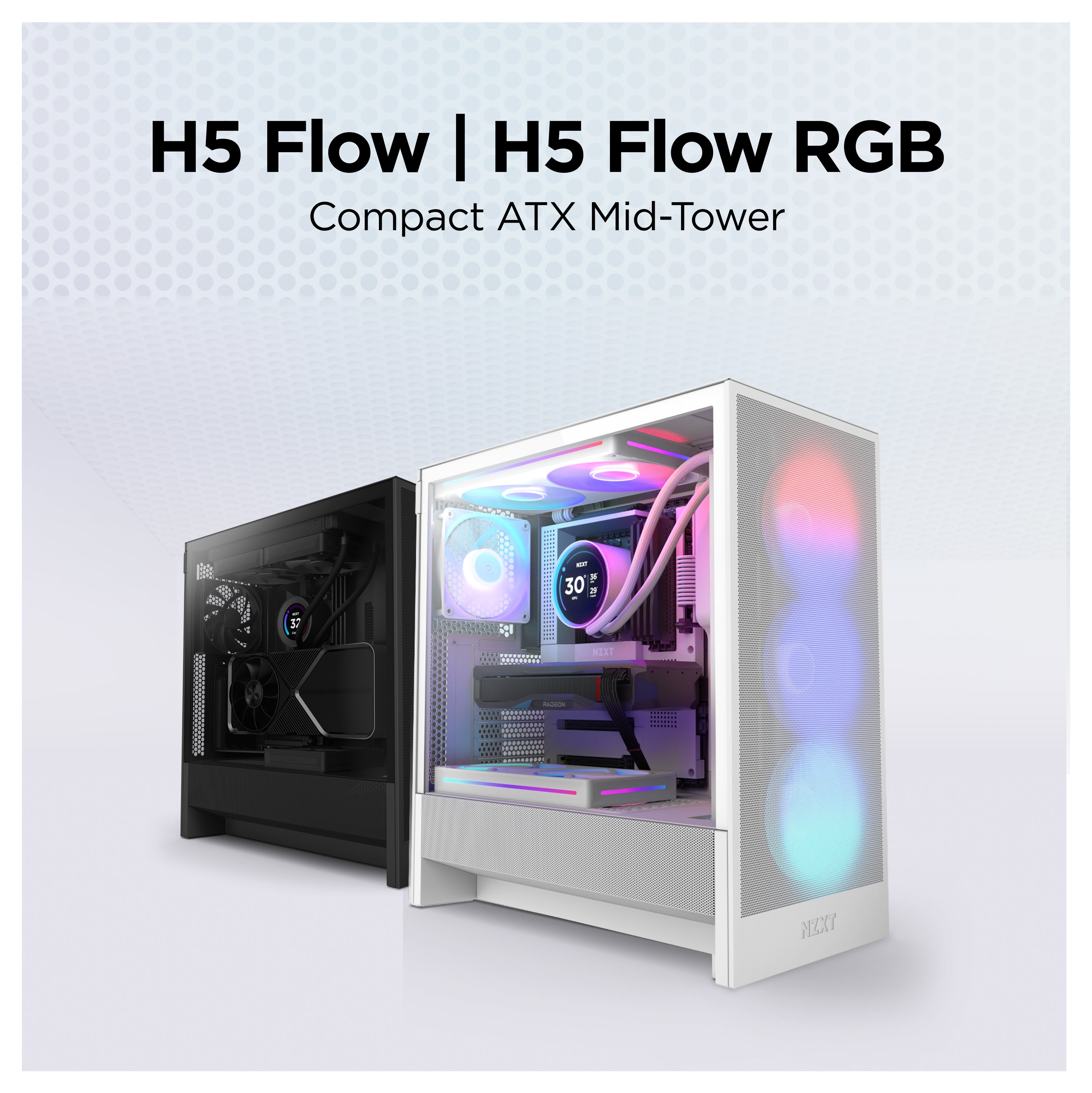Two NZXT H5 Flow compact ATX mid-tower PC cases, one black and one white with RGB lighting, are displayed side by side against a light gradient background. Text above reads “H5 Flow | H5 Flow RGB Compact ATX Mid-Tower.”.