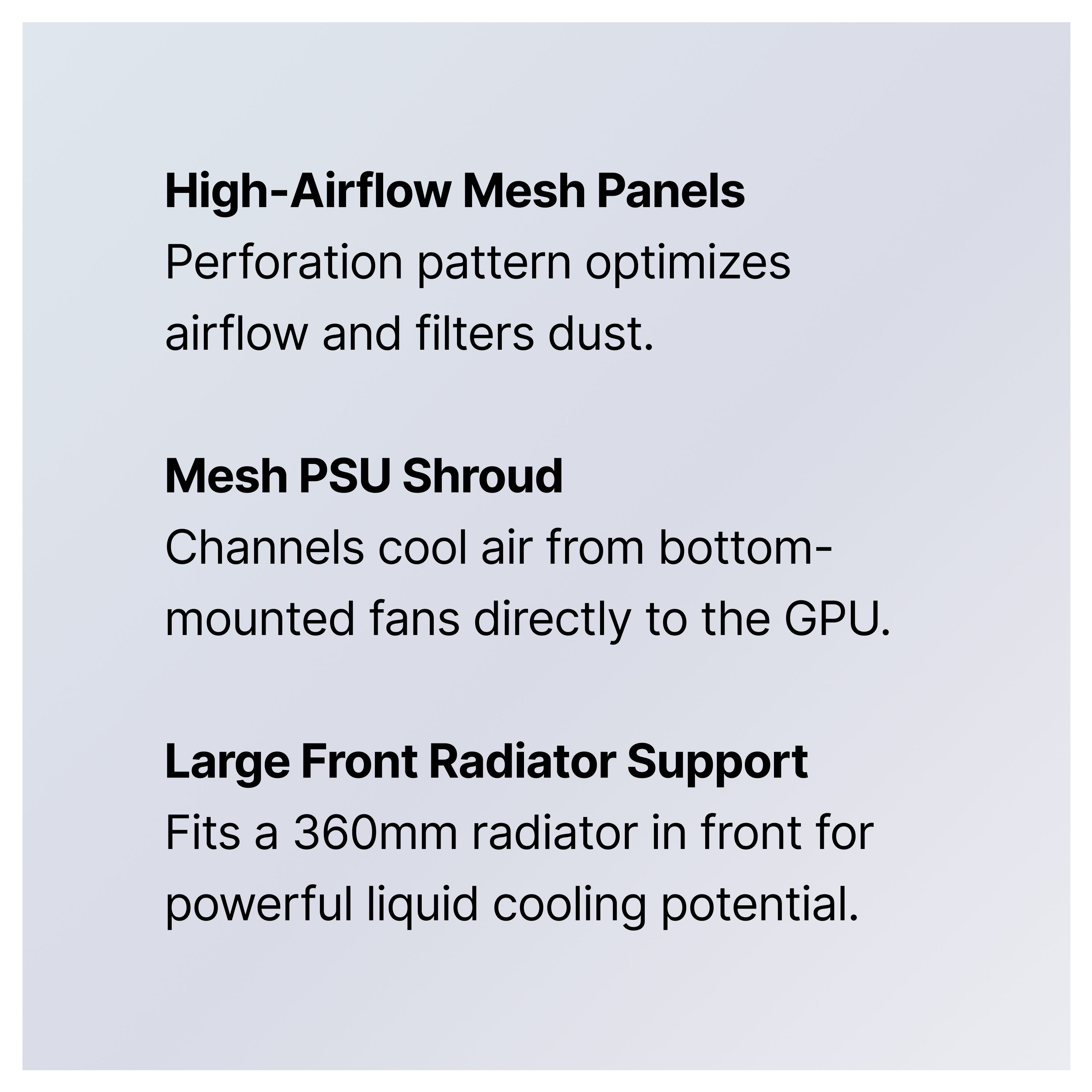 Text describing features of a computer case: high-airflow mesh panels for better airflow and dust filtering, mesh PSU shroud for cooling the GPU, and support for a large front radiator up to 360mm for liquid cooling.