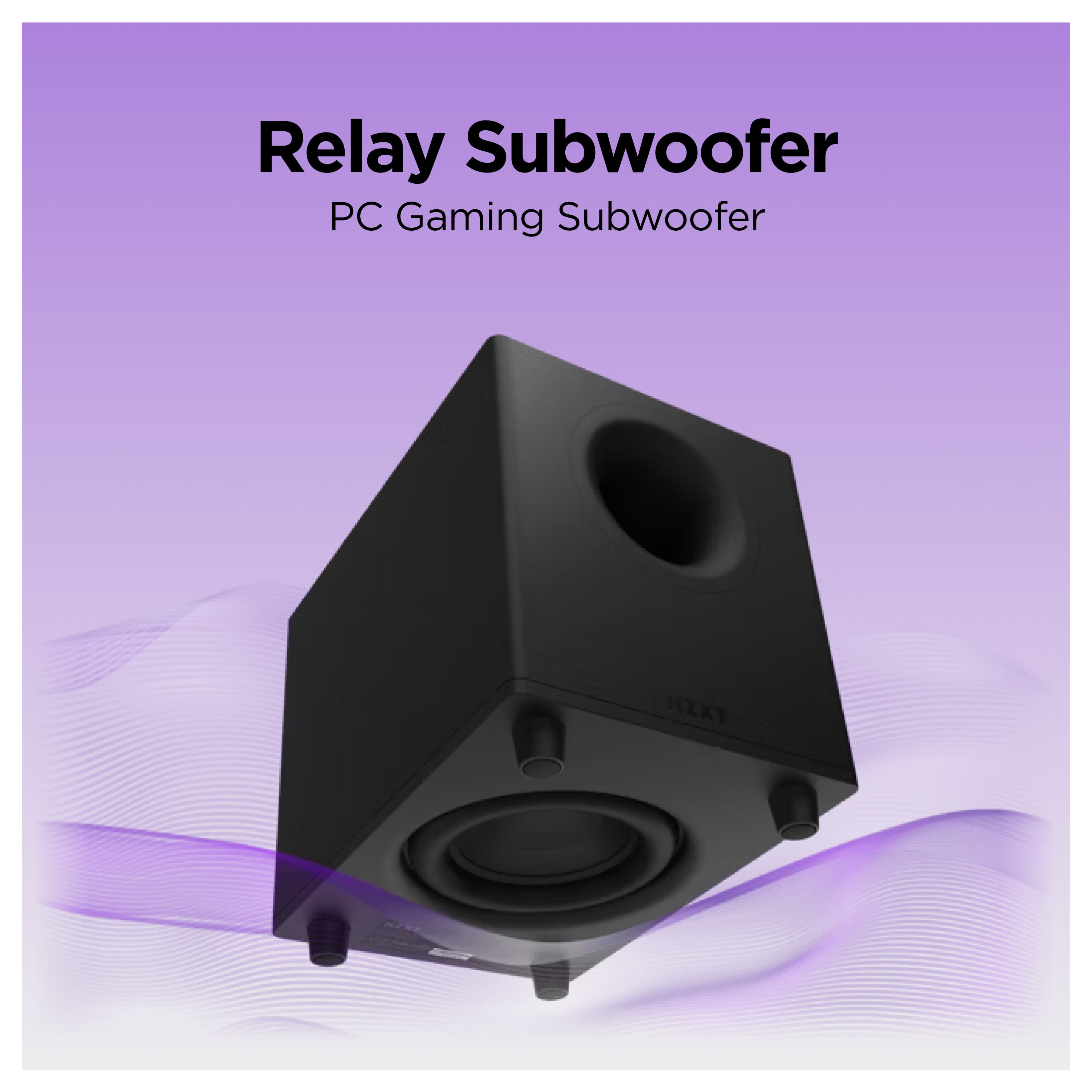 A black PC gaming subwoofer, labeled Relay Subwoofer, is shown floating against a purple gradient background with subtle wave patterns.