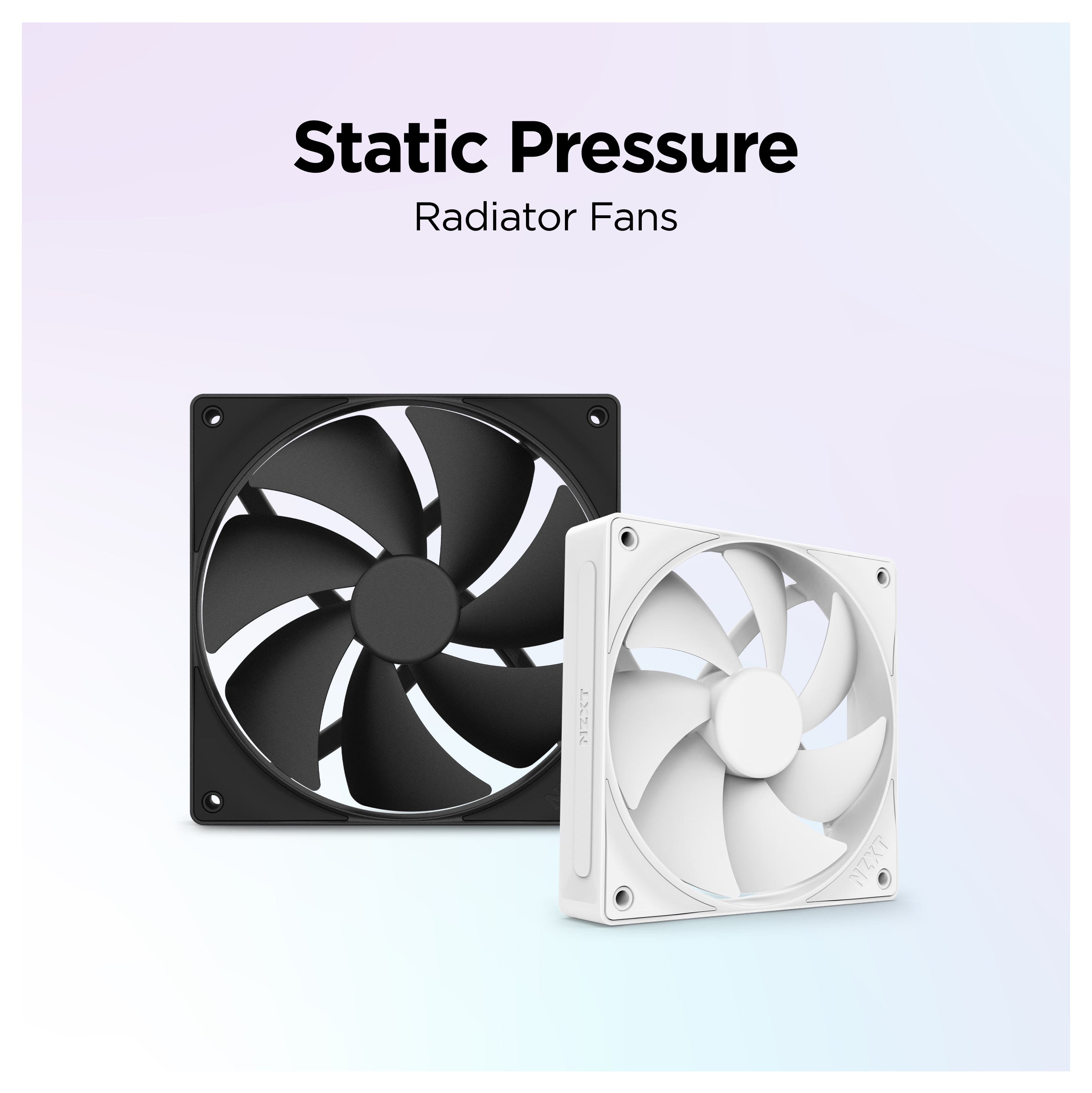 Two computer radiator fans are shown, one black and one white, positioned side by side with text above reading “Static Pressure Radiator Fans” on a light gradient background.