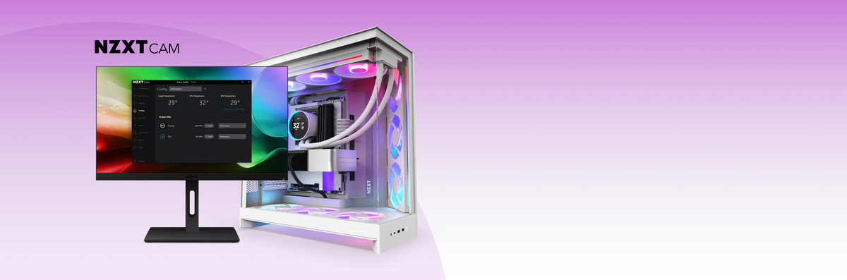 흰색 NZXT 게이밍 PC 옆 모니터에 냉각수, CPU, GPU 실시간 온도를 표시하는 NZXT CAM
