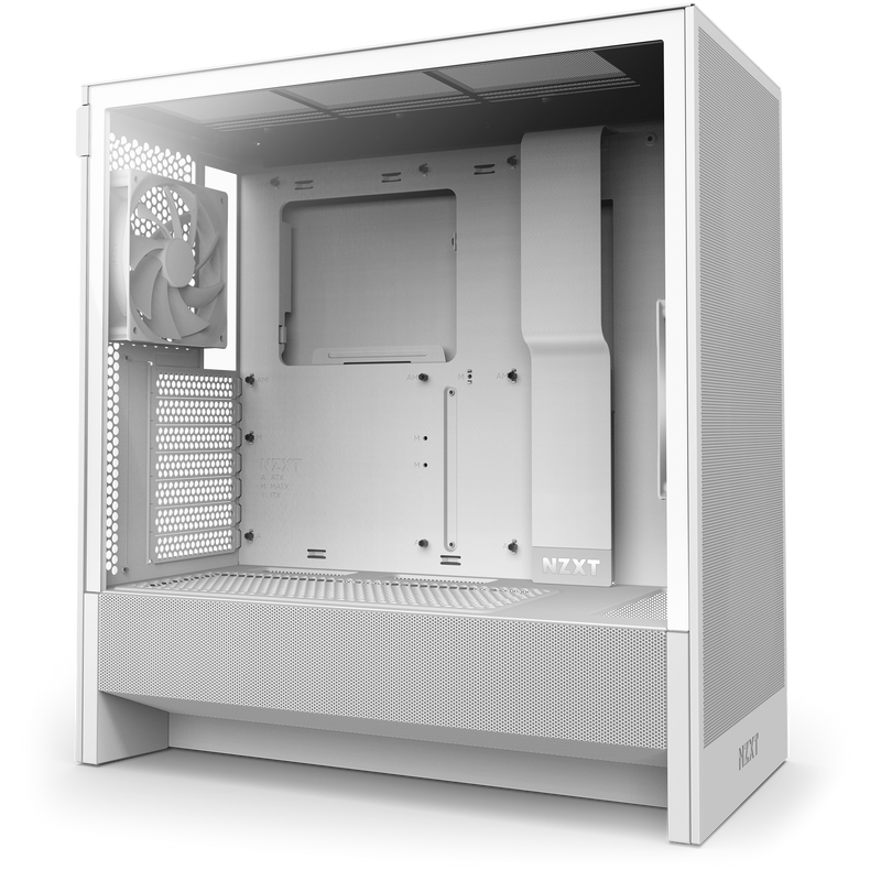 The NZXT H5 Flow + Kraken Elite 280 RGB features a white case with a removed side panel, showcasing an open interior designed for optimal GPU cooling, rear fan support, ventilation, and advanced cable management.