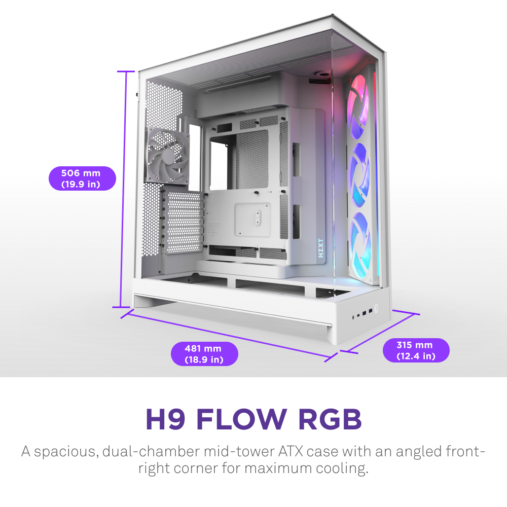 A white, dual-chamber mid-tower PC case with RGB fans, clear side panels, and labeled dimensions: 506 mm height, 481 mm depth, and 315 mm width. Text highlights maximum cooling and spacious design.