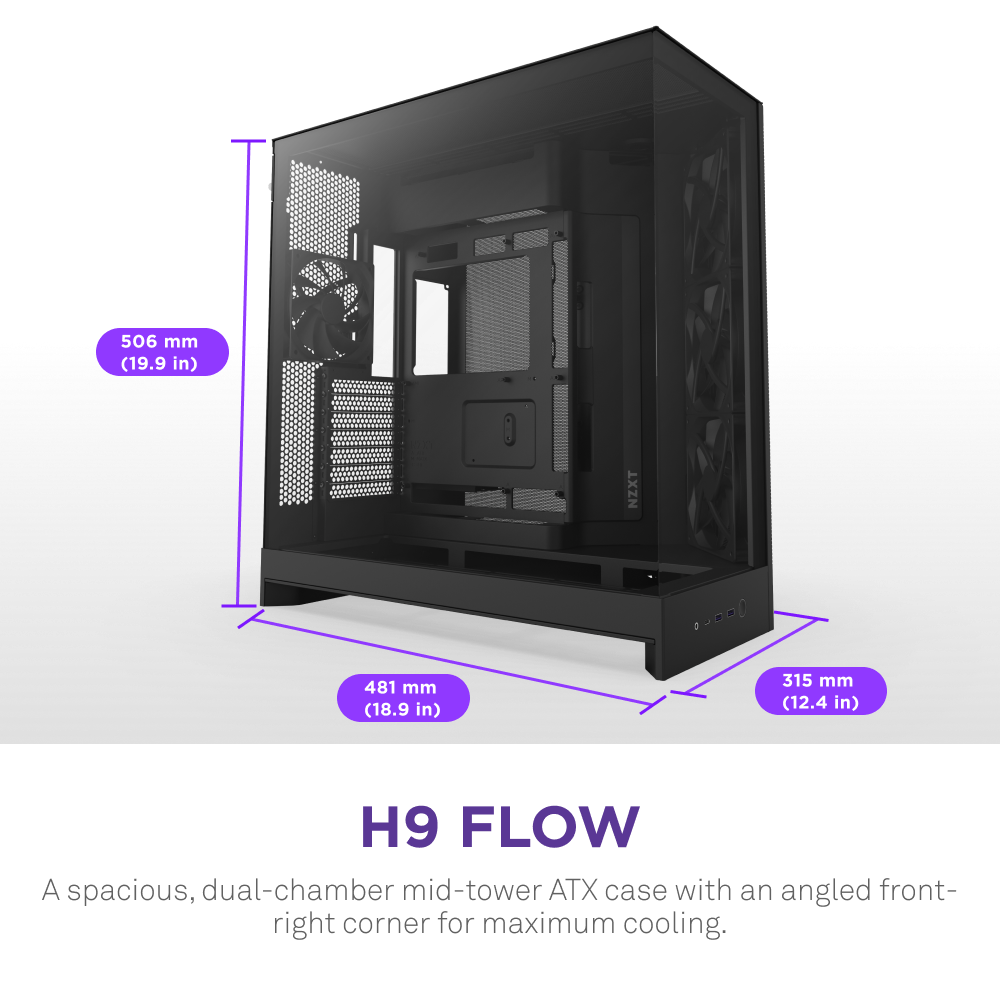 The NZXT H9 Flow is a black ATX case with a dual-chamber design, glass panels to showcase the interior and cooling fans, and measures 506mm (height) x 481mm (depth) x 315mm (width).