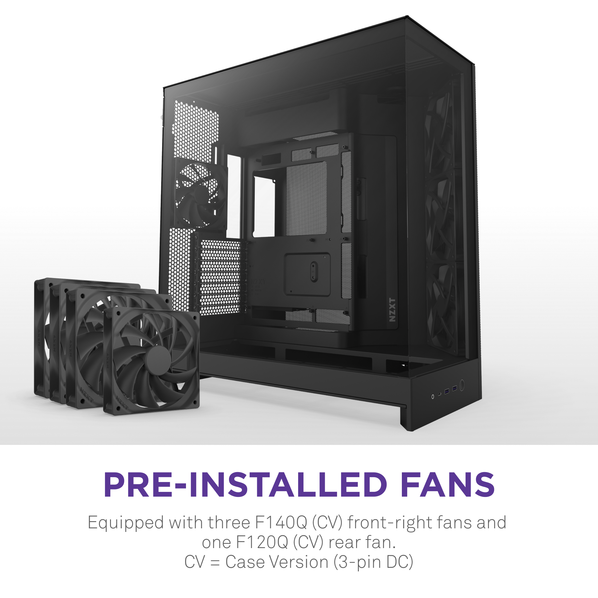 The NZXT H9 Flow, a black ATX case, features three pre-installed F140Q (CV) front-right fans and one F120Q (CV) rear fan for optimized airflow. CV stands for Case Version (3-pin DC).