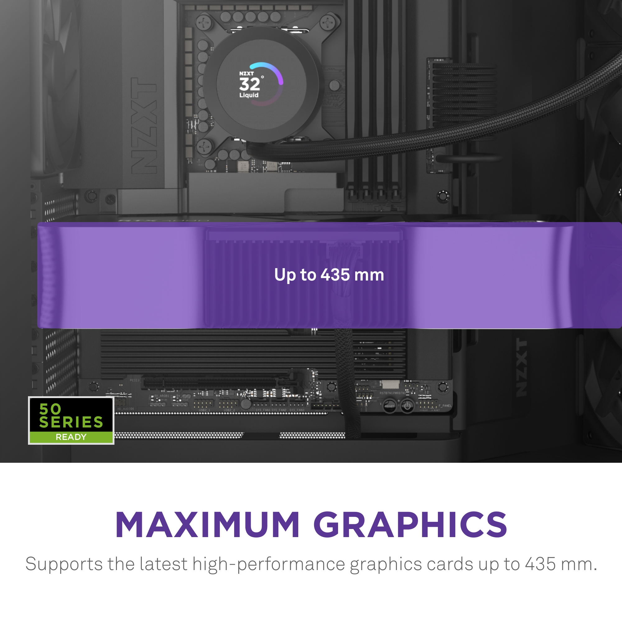 Close-up of the NZXT H9 Flow ATX case build, showing space for graphics cards up to 435 mm, with a “50 SERIES READY” label. Caption: “H9 Flow: Dual-chamber design optimizes airflow and supports GPUs up to 435 mm.”.