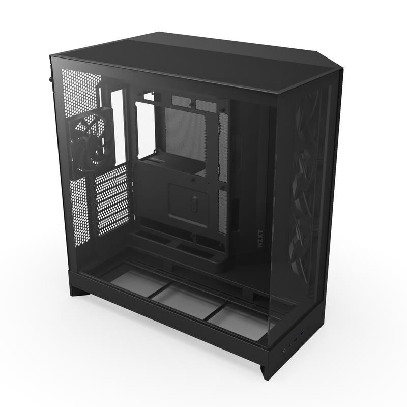 The NZXT Refurbished Custom Build - #8621 is a black, empty computer case with a transparent side panel, internal mounting points, cooling fan, and vents—perfect for assembling custom prebuilt PCs or refurbished builds.