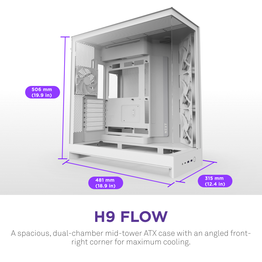 The NZXT H9 Flow is a white ATX case with an angled front-right corner, dual-chamber design for better airflow, and labeled dimensions: 506mm (H) x 481mm (D) x 315mm (W).