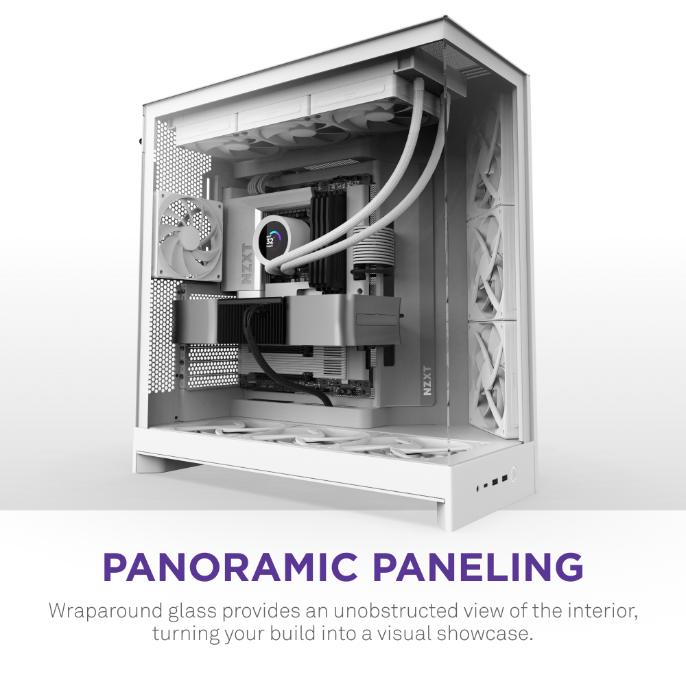 The NZXT H9 Flow is a white ATX case with wraparound glass panels that reveal internal components and cooling fans; text below reads Panoramic Paneling, describing its clear view and airflow optimized for showcasing your build.