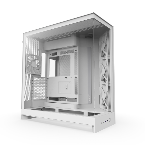 The NZXT Refurbished Custom Build - #8682 is a white mid-tower case with a transparent side panel, 3 front fans, 1 rear fan, and multiple drive bays, offering high airflow and easy cable management for prebuilt or gaming PCs.