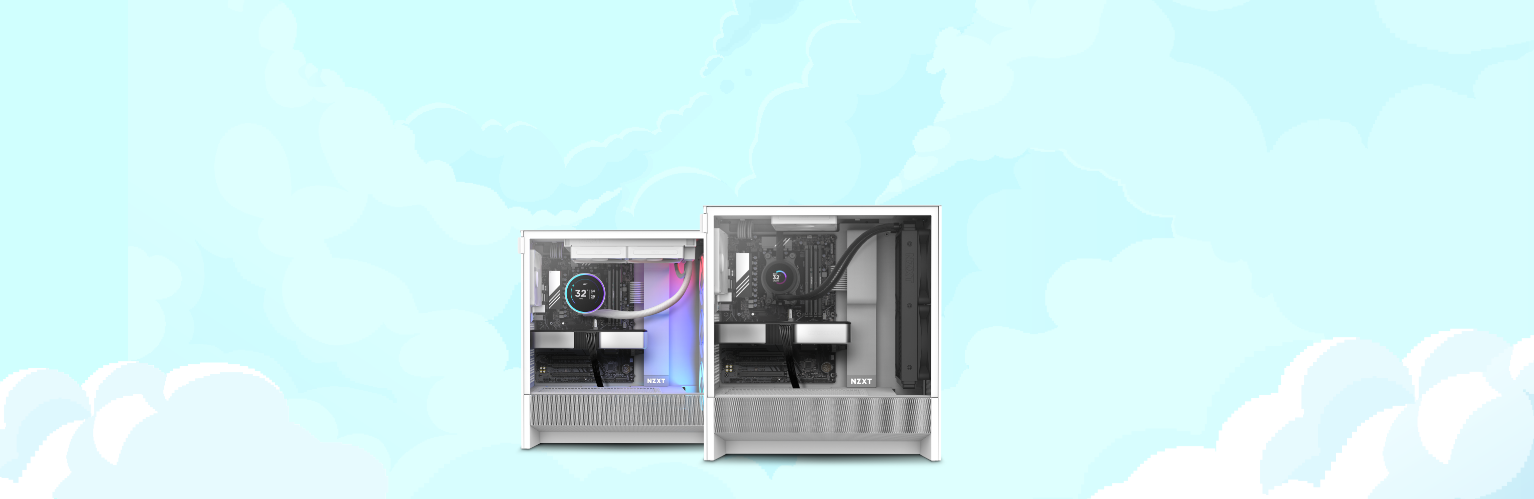 Two white desktop computer cases with transparent side panels revealing internal components, such as cooling fans and graphics cards, set against a light blue background with cloud illustrations.