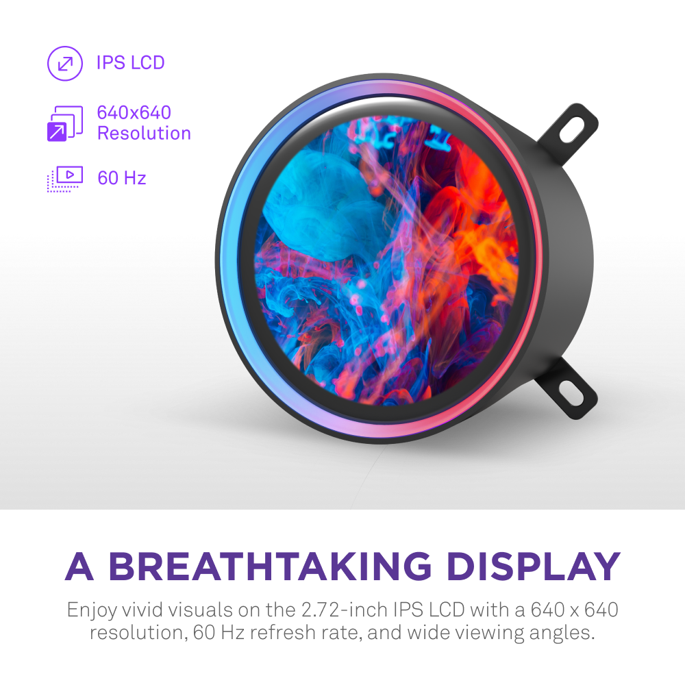 A vibrant 2.72-inch RGB screen on the NZXT Kraken Elite 420 RGB showcases abstract colors, icons for its 640x640 resolution and 60Hz refresh rate, plus the text: A Breathtaking Display on Kraken Elite.