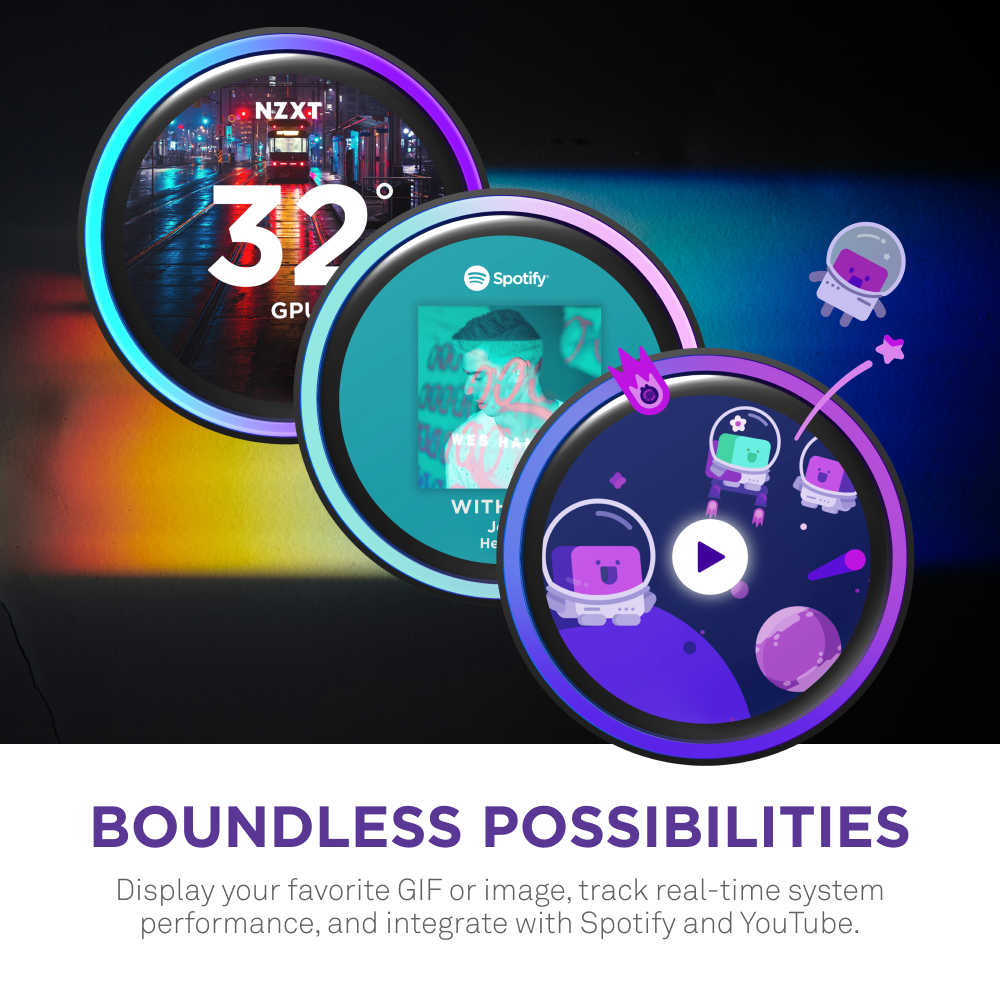 Three circular screens on the NZXT Kraken Elite 420 RGB show a PC temperature of 32°C, Spotify album art, and animated astronauts. “Boundless Possibilities” below highlights its customizable smart display and music integration features.