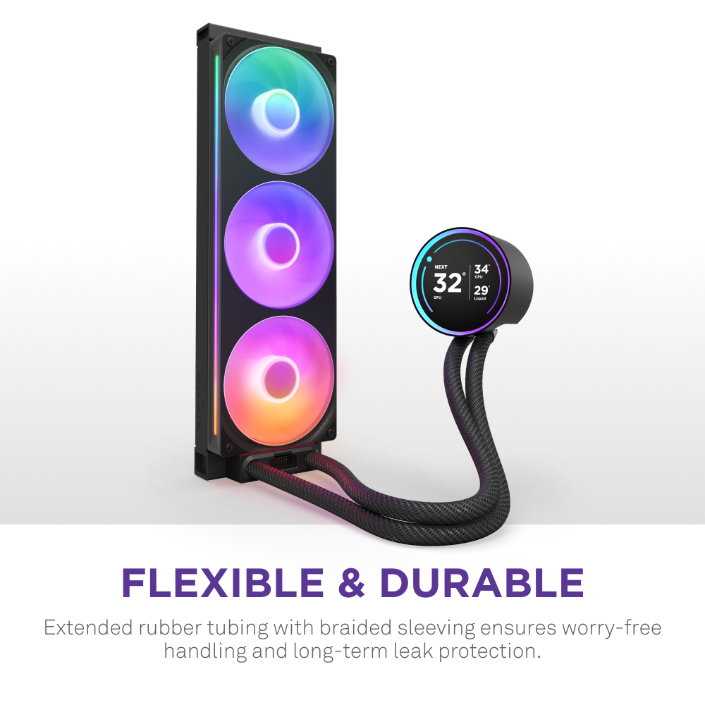 The NZXT Kraken Elite 420 RGB is a liquid cooling system with three RGB fans, an RGB display, and digital screen. Flexible, braided tubes connect to the NZXT Turbine pump. Text reads: FLEXIBLE & DURABLE with tubing features below.