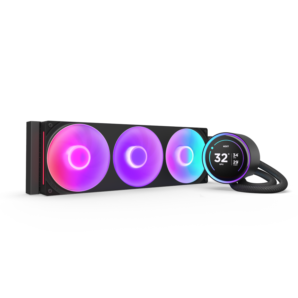 The NZXT Kraken Elite 420 RGB is a liquid cooling system with three RGB fans, a circular RGB display for temps and stats, Turbine pump tech, and durable braided tubes.