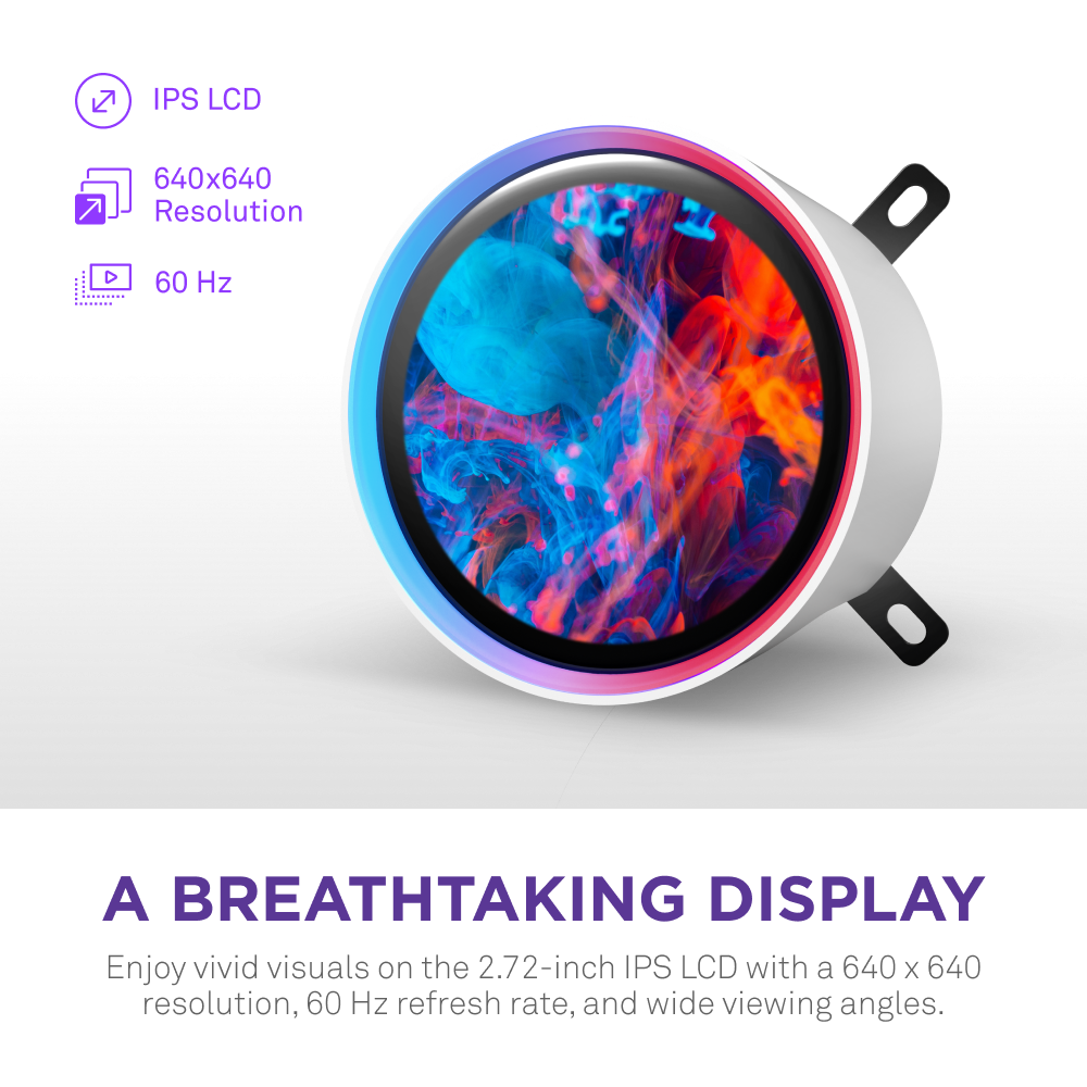 A 2.72-inch round RGB screen on the NZXT Kraken Elite 420 RGB displays vivid abstract colors. Icons highlight IPS LCD tech, 640x640 resolution, and a 60 Hz refresh rate for sharp visuals and wide viewing angles.