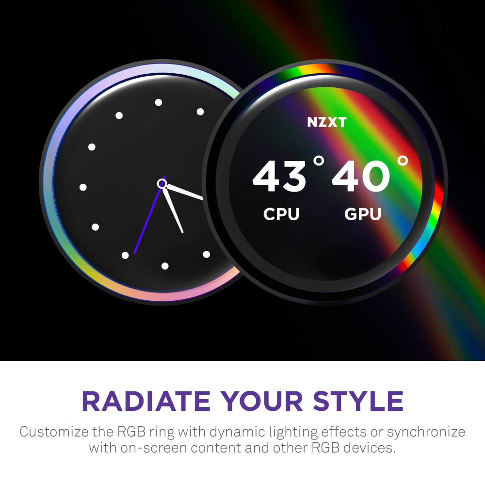 A circular RGB screen on the NZXT Kraken Elite 420 RGB shows CPU and GPU temps (43°/40°) next to an analog clock, both with vivid lighting. Below, “Radiate Your Style” highlights customizable RGB lighting on this premium NZXT cooler.