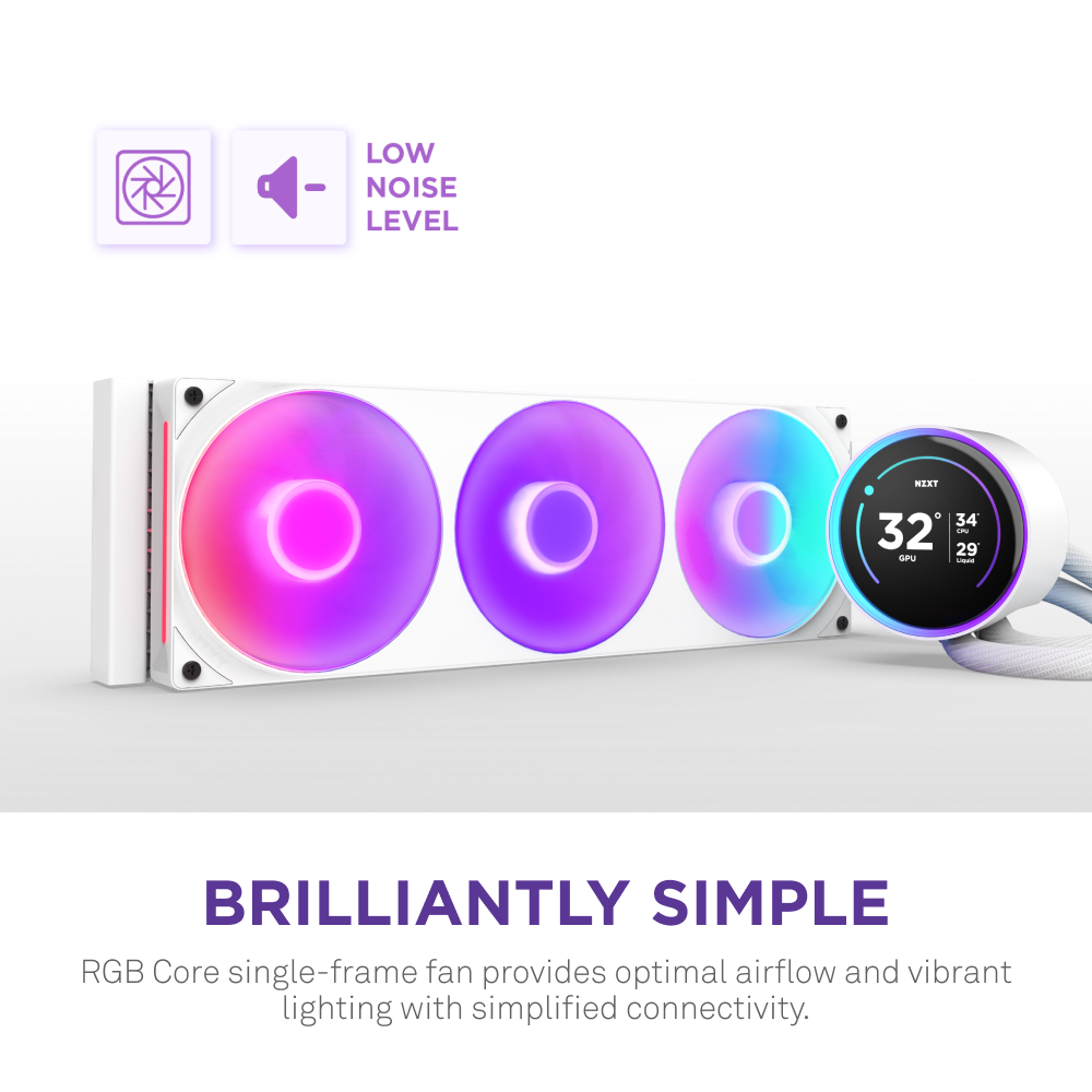 The NZXT Kraken Elite 420 RGB is a white cooling fan with three illuminated fans and a round RGB screen showing temperature and stats. It delivers optimal airflow, low noise, and vibrant lighting. Text on display: Brilliantly Simple.