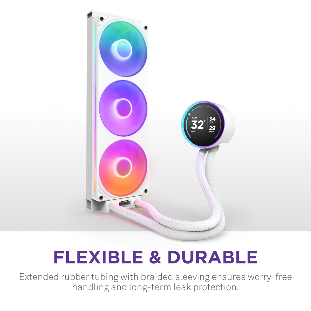 The NZXT Kraken Elite 420 RGB is a computer liquid cooling system featuring three RGB fans, a circular RGB screen display, and white braided tubing. Flexible & Durable: Braided sleeving offers extended durability and long-term leak protection.