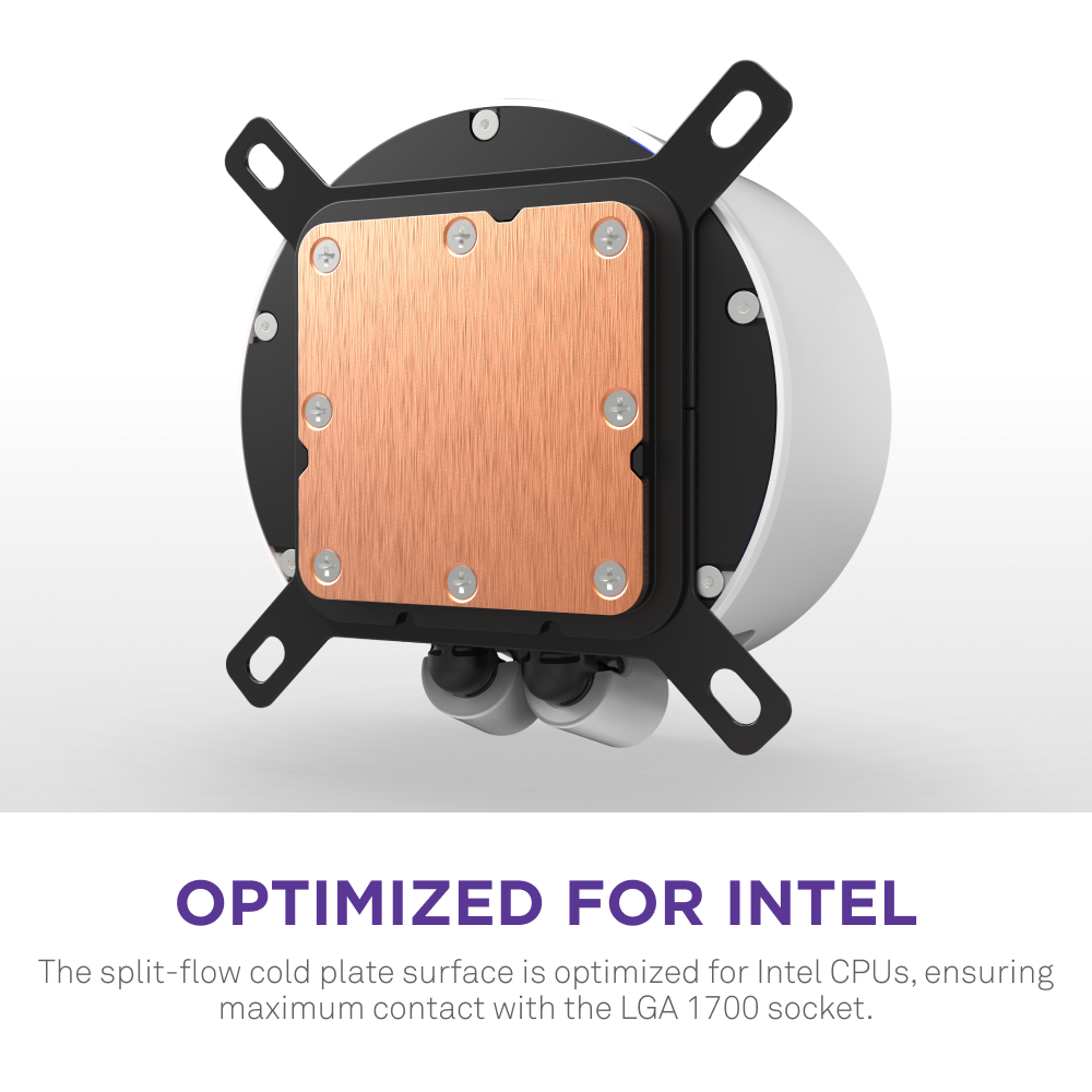 The NZXT Kraken Elite 420 RGB features a copper split-flow cold plate and a Turbine pump, with mounting brackets designed for Intel CPUs and the LGA 1700 socket—highlighting its Intel optimization.
