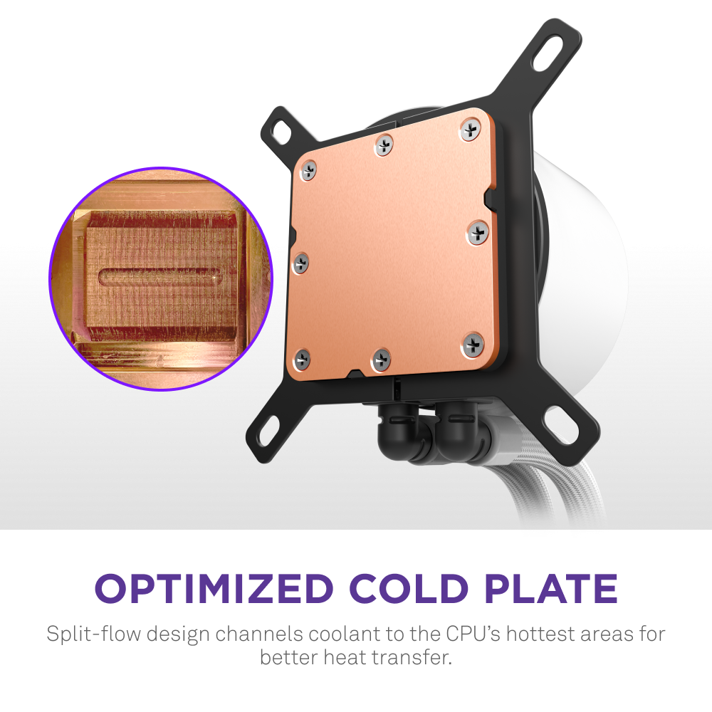 A close-up of NZXT’s Kraken Plus 240 RGB CPU cooler’s copper cold plate reveals channels and a split-flow design for efficient heat transfer, with an LCD display that monitors cooling performance in real time.