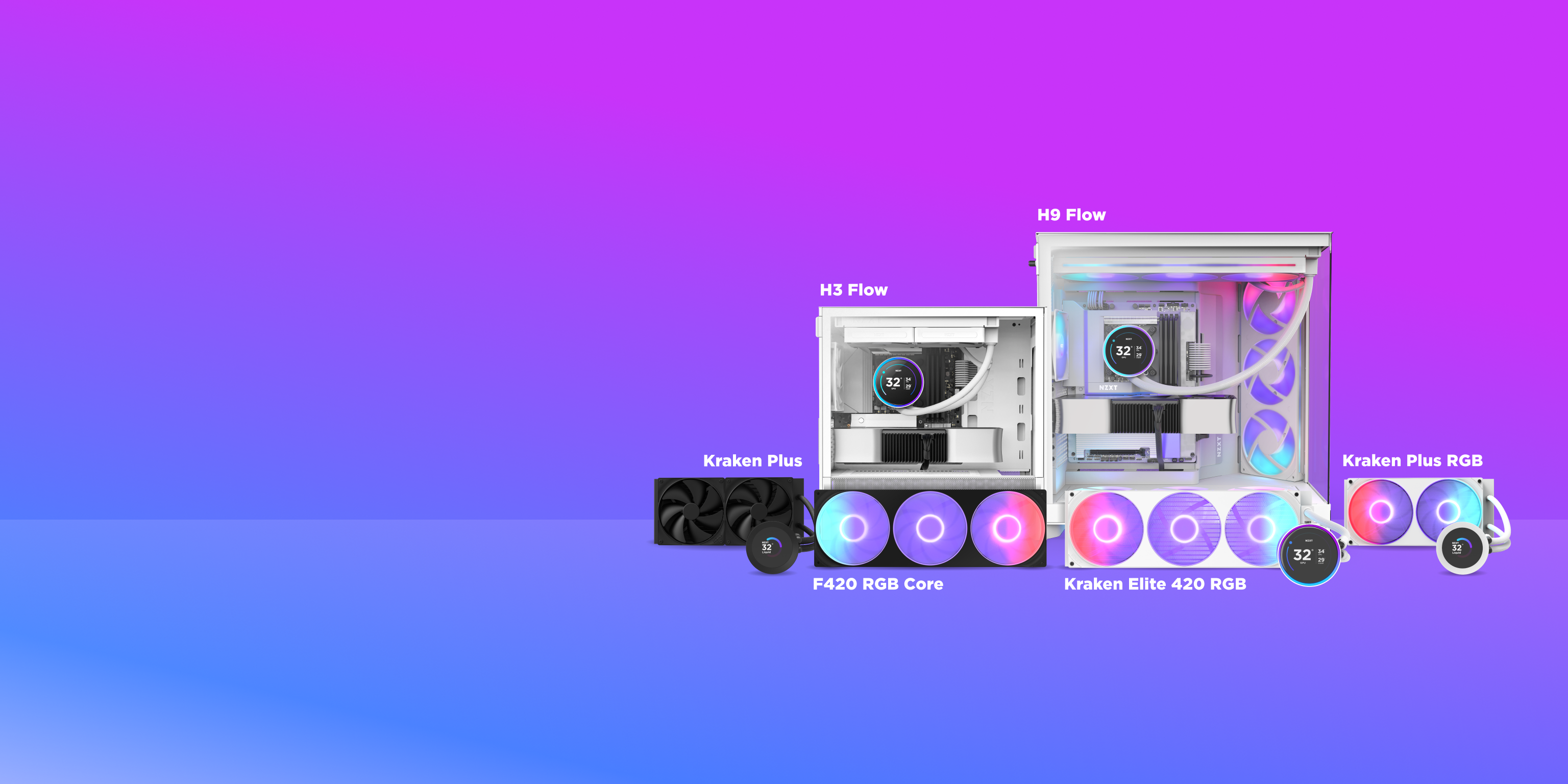 Two white desktop PC cases with visible cooling systems are displayed on a pink to purple gradient background, surrounded by various RGB-lit fans and cooling components labeled as Kraken Plus, F420 RGB Core, Kraken Elite, and Kraken Plus RGB.