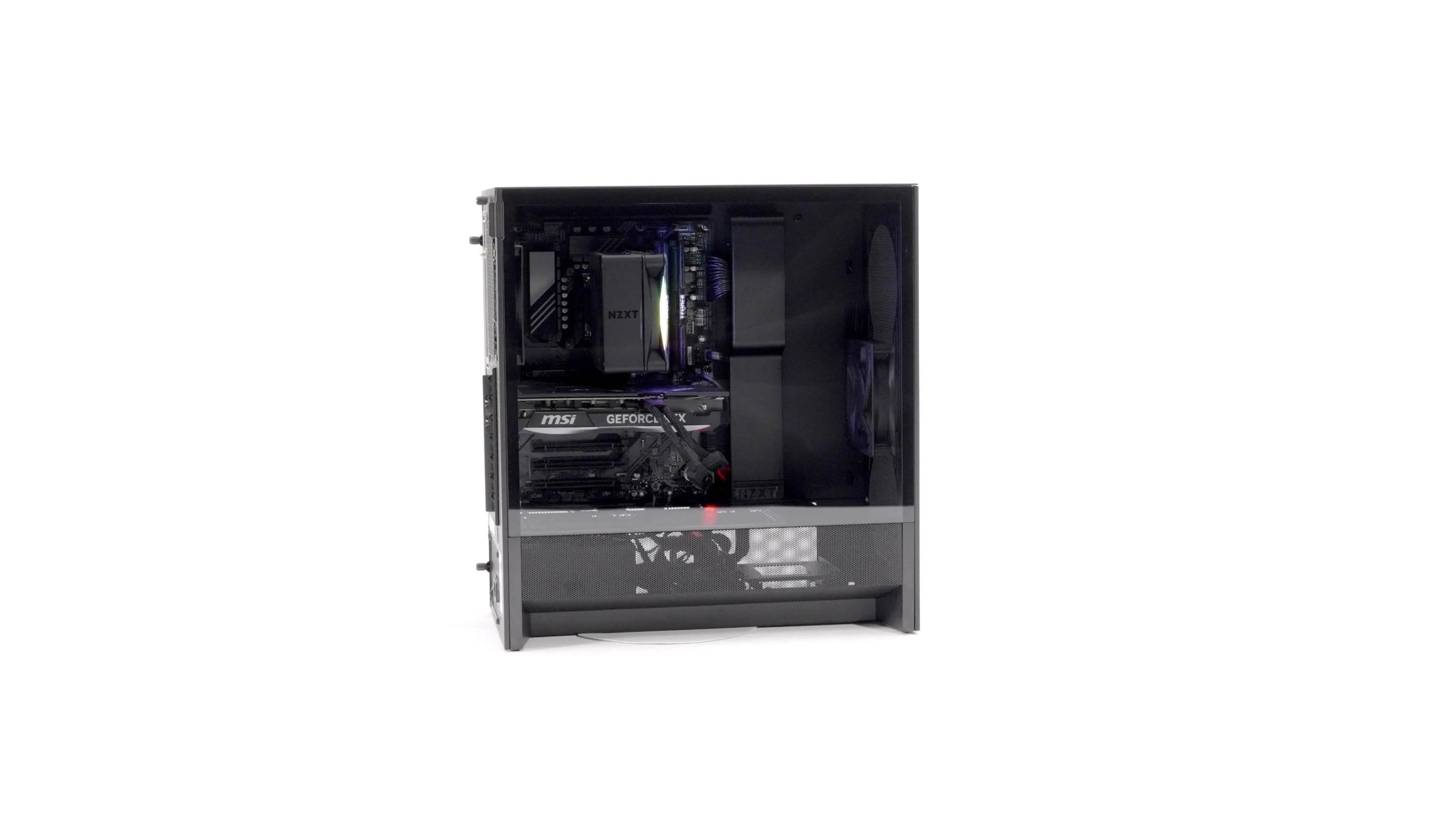 A black desktop computer with its side panel removed, revealing internal components such as a graphics card, cooling fan, and motherboard against a white background.