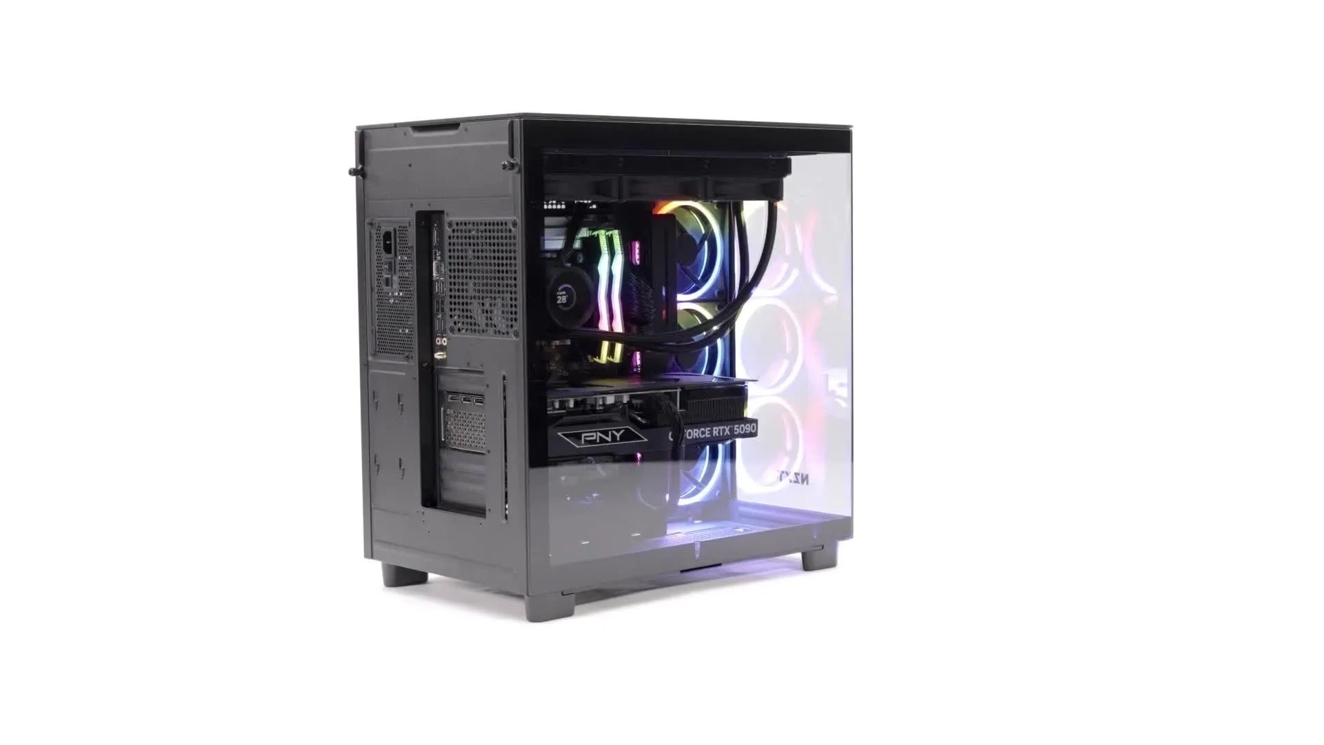 A black desktop gaming PC with a transparent side panel, displaying internal components and colorful RGB lighting, including fans, cables, and a PNY graphics card.