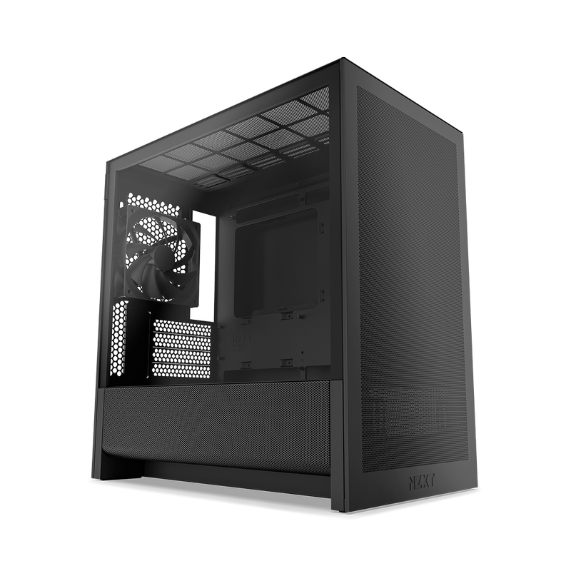The NZXT H3 Flow is a black micro-ATX case with a mesh front panel, side vents, and a pre-installed rear fan. Shown angled to display its spacious interior and high-airflow design.