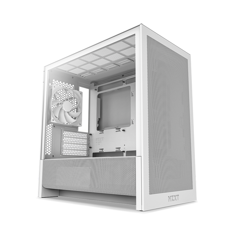 The NZXT H3 Flow, a white micro-ATX case with mesh front panel, side ventilation, and a visible rear cooling fan for high airflow, is displayed at an angle on a white background.