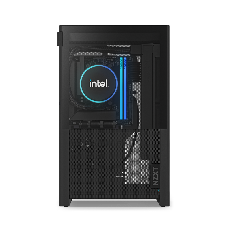 The NZXT H2 Mini PC | Intel Edition features a sleek black case with a transparent side panel, showcasing an Intel CPU cooler with RGB lighting, blue-lit vertical RAM sticks, and an NVIDIA GeForce RTX 5080 graphics card.