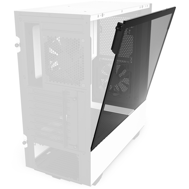 The NZXT H510 Elite Left Side Panel Tempered Glass by NZXT is shown partially open on a black and white computer tower, revealing empty expansion slots and an internal rear fan.