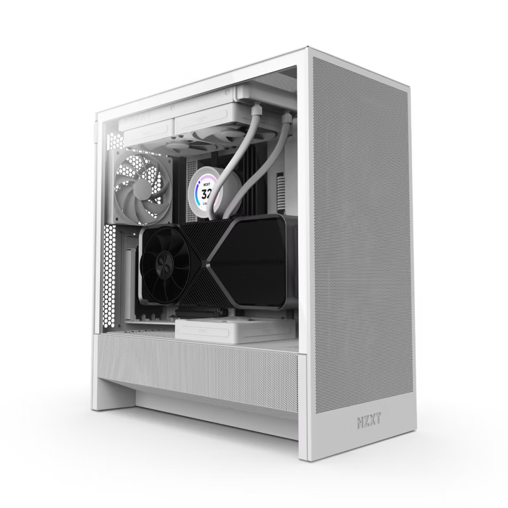A white NZXT desktop computer case with a transparent side panel, revealing internal components including a large GPU, cooling fans, and an all-in-one liquid CPU cooler with a digital display showing a temperature of 37°C.