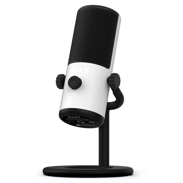 The NZXT Capsule Mini is a modern USB microphone with a white and black body, ideal for gaming, streaming, or content creation. It features control knobs, the NZXT logo on the front, and comes mounted on a round black stand.