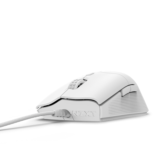 The NZXT Lift 2 Ergo is a white wired mouse with a 26,000 DPI sensor, textured side grip, two side buttons, and NZXT branding on the front left. It’s displayed against a plain light background.