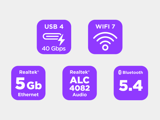Icone di connettività della scheda madre NZXT N9 X870E: rete, USB, audio e Bluetooth.