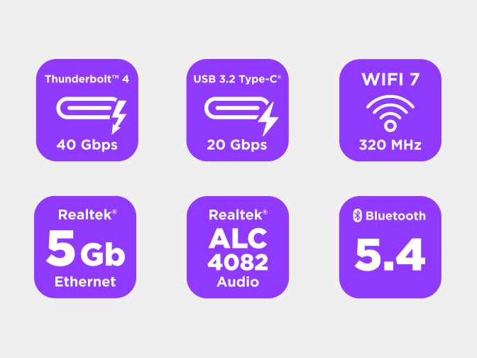 Icone di connettività della scheda madre NZXT N9 Z890: rete, USB, audio e Bluetooth.