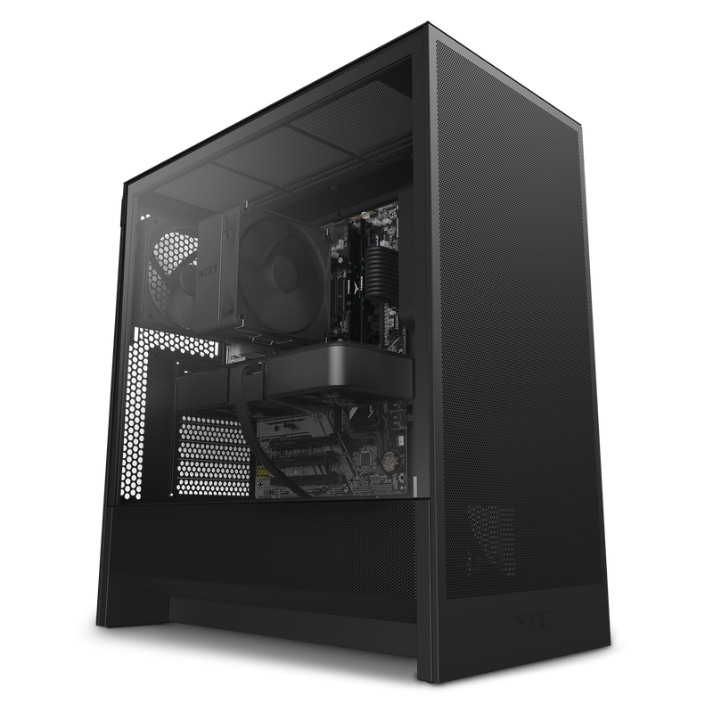 The NZXT Refurbished Player One Base - #8627 is a black gaming desktop with a transparent side panel, revealing cooling fans and a graphics card in a minimalist tower—perfect for high-performance prebuilt or certified refurbished gaming PC seekers.